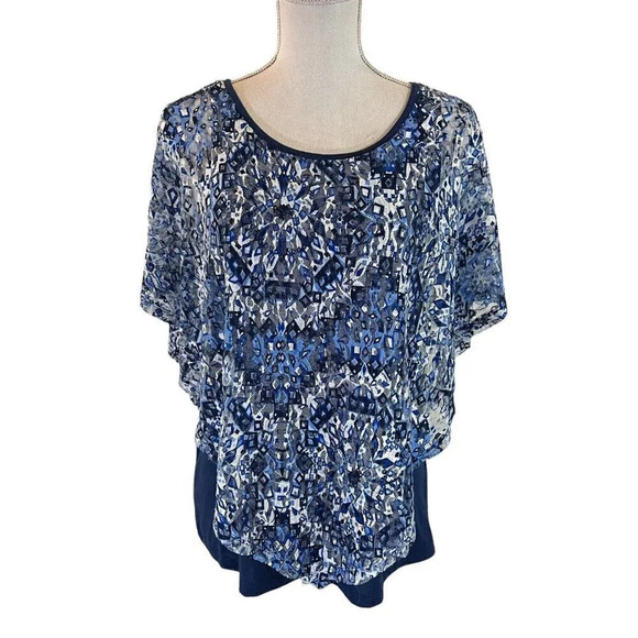Zac & Rachel Blouse Petite Small Layered Mesh Overlay Flowy Pointed Hem Abstract - Picture 1 of 7
